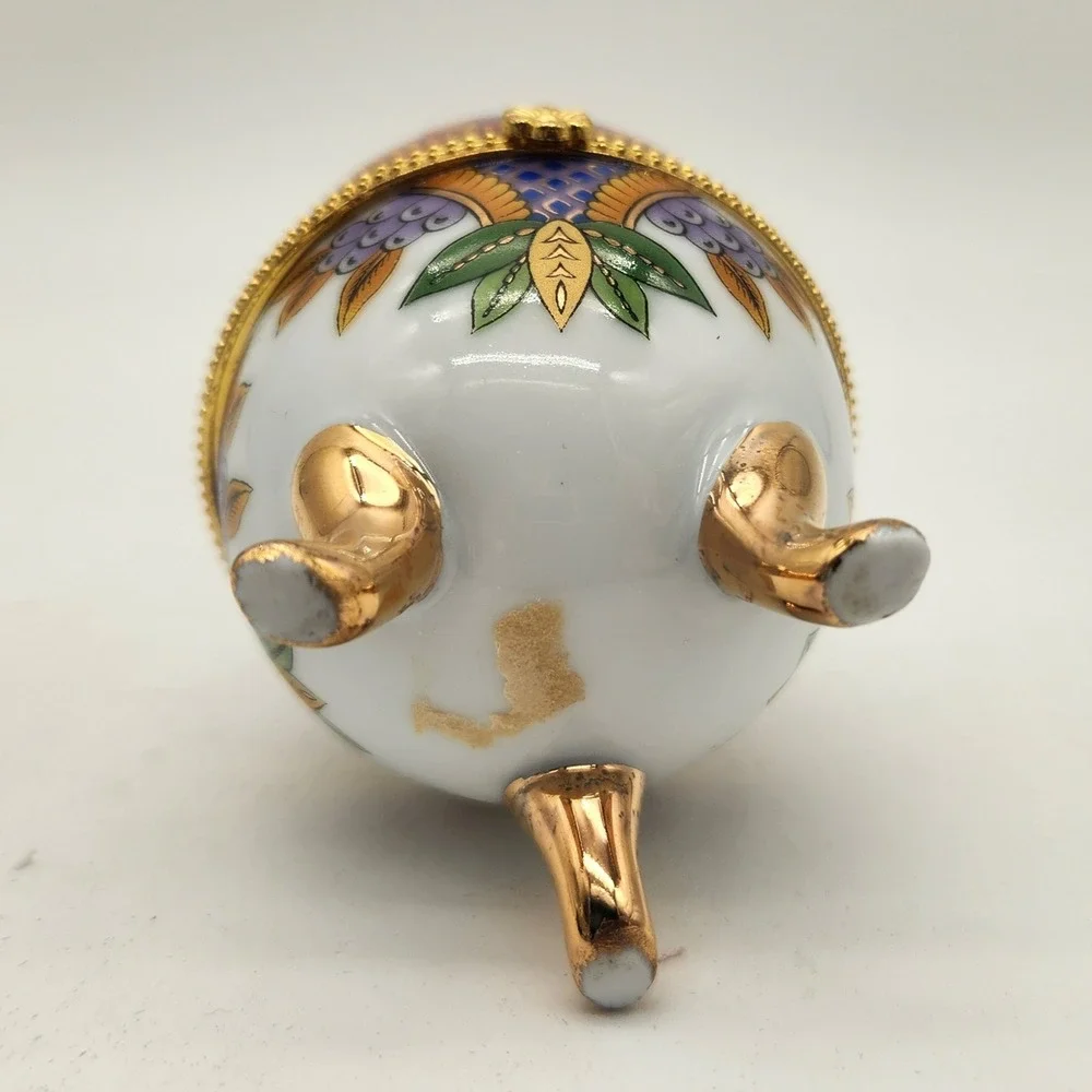 Vintage Porcelain Egg Trinket Box Hinged Footed Floral Gold Trim Limoges Style